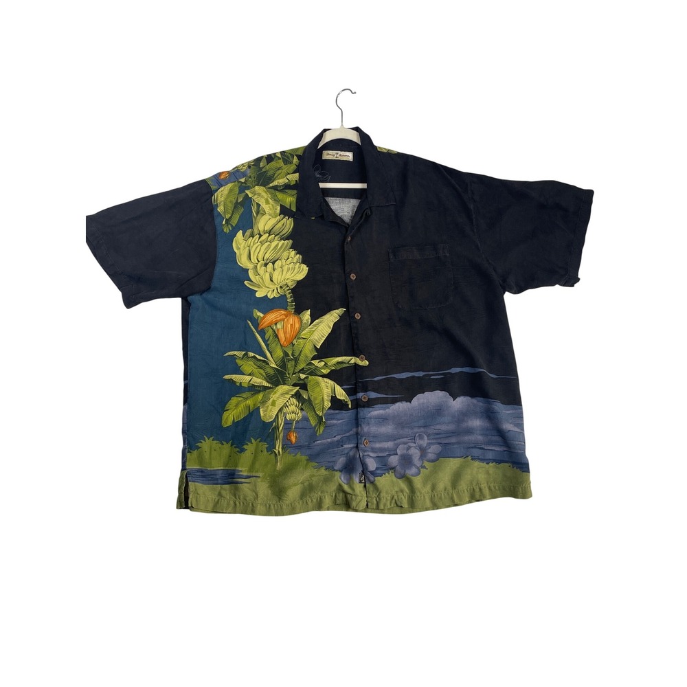Tommy Bahama Mens XXL Silk Banana Tree Tropical Camp Shirt Black 100% Silk